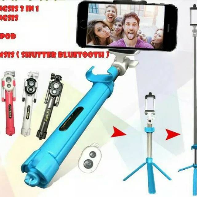 New Tongsis 3 In 1 / Tripod + Tomsis Bluetooh / Selfie Stick - PINK