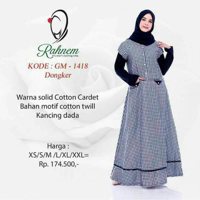 Gamis Rahnem GM 1418 sudah diskon kancing depan katun kardet mix katun twil motif kotak modis adem