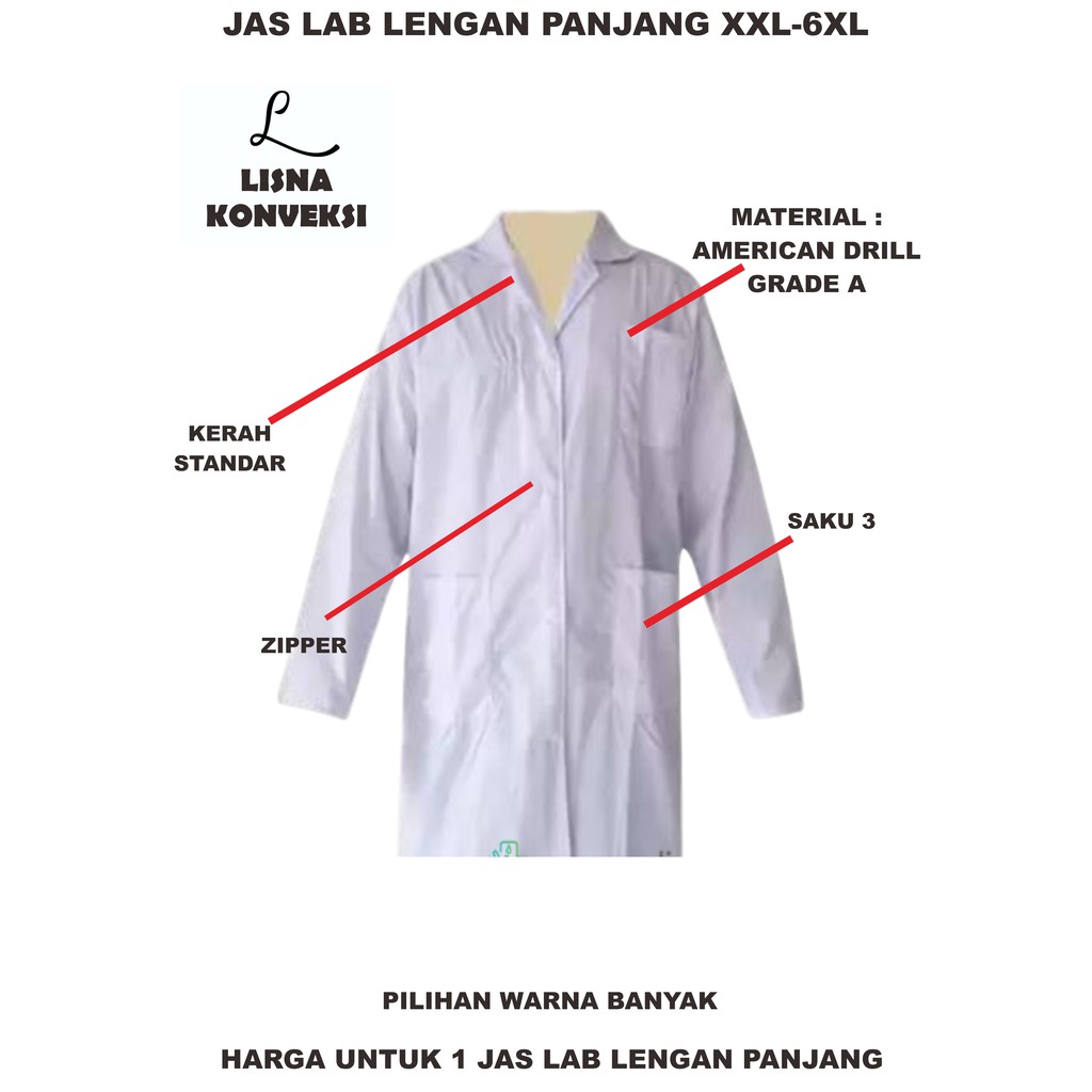 Jas Laboratorium Standar XXL-6XL Lengan Panjang With Zipper