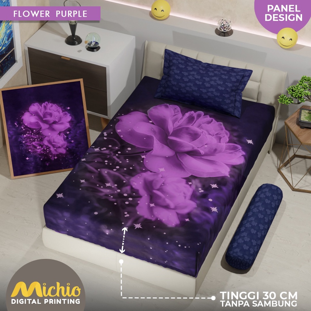 SPREI PANEL MICHIO TINGGI 30 180X200X30, 160X200X30 DAN 120X200X30 FLORAL PURPLE