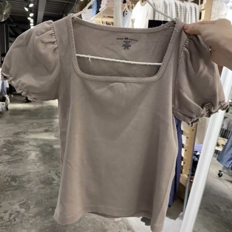 BrandyMelville Kopi Susu Murni Warna Leher Persegi Lengan Puff Lengan Pendek T-shirt Wanita Yu Shuxi