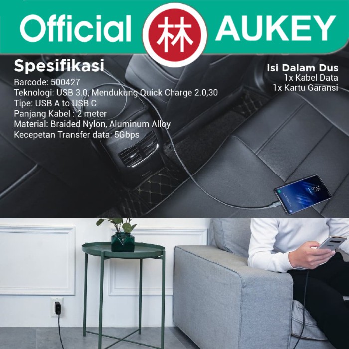 Aukey CB-CD40 Impulse Braided Series Data Cable Type-C 2m