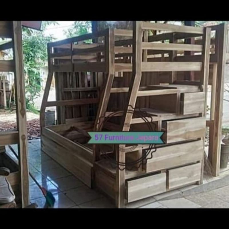 Dipan susun + laci - tempat tidur tingkat jati mentahan modren