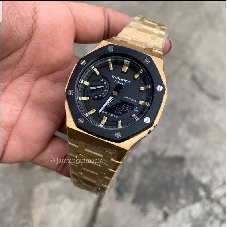 Jam Tangan Casio G-Shock GA2100 GA-2100 Custom Strap Gold Bezel Black-Gold