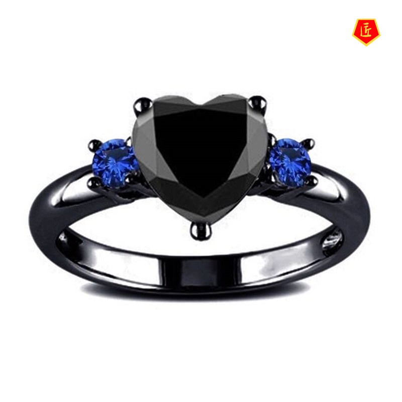 [Ready Stock]Fashion Personality 925 Silver Black Gold Heart-Shaped Ring