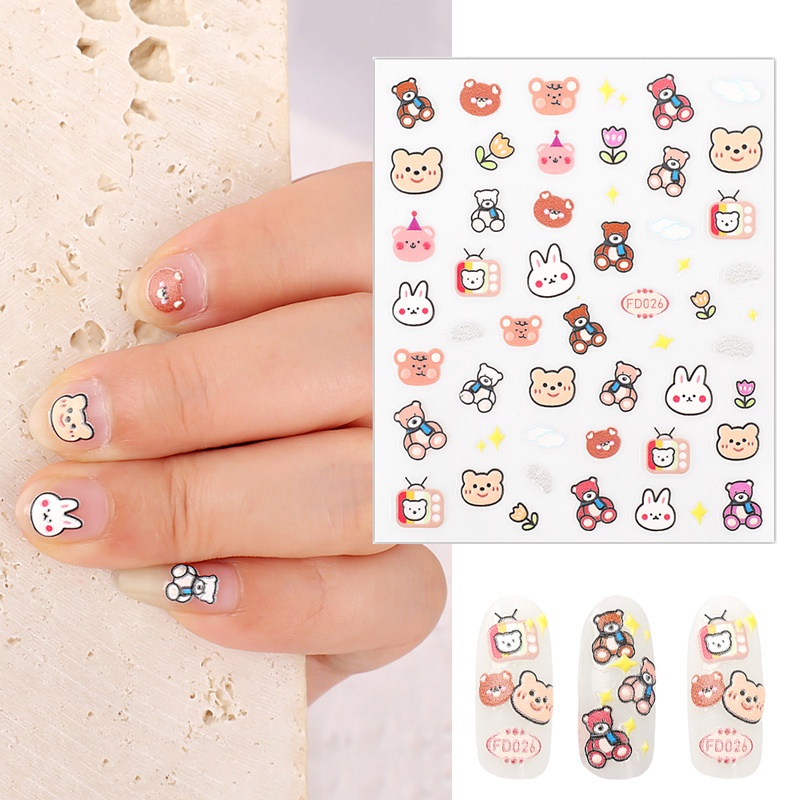 1 Pc Stiker Kuku Motif Kartun Hewan Beruang Warna-Warni Untuk Nail Art