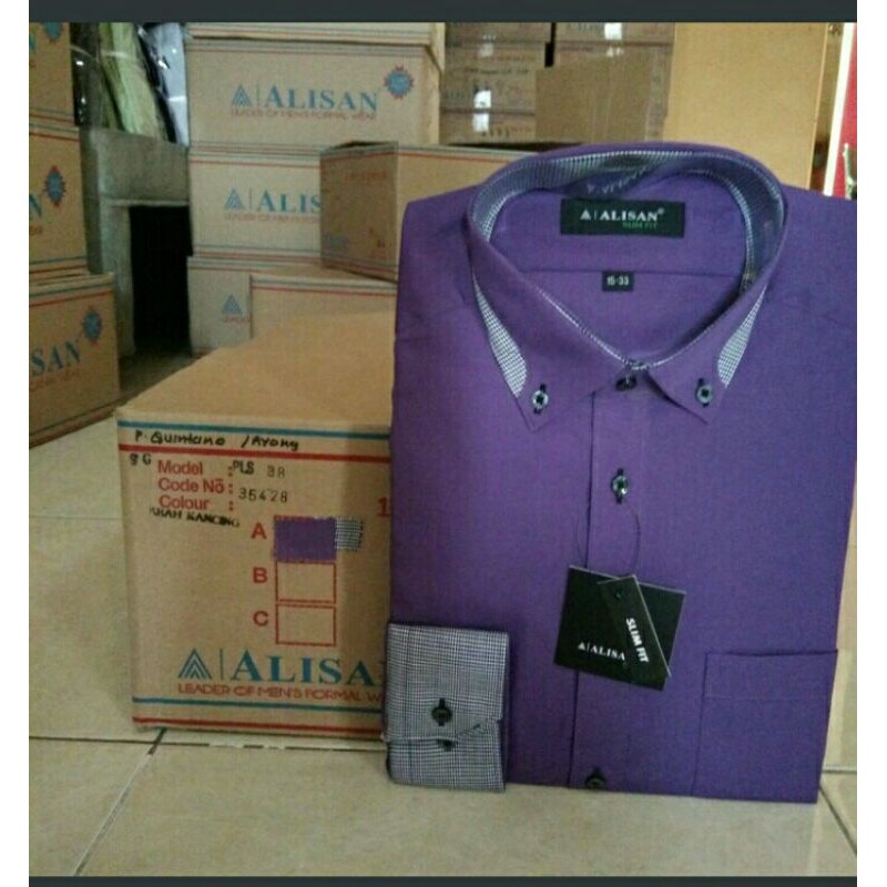 Kemeja Alisan Ungu Tua Polos Kombinasi List Leher Lengan Panjang Slimfit