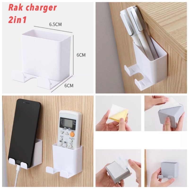 Tempelan Dinding Rak Holder Tempat Cas HP / Remote 2 in1