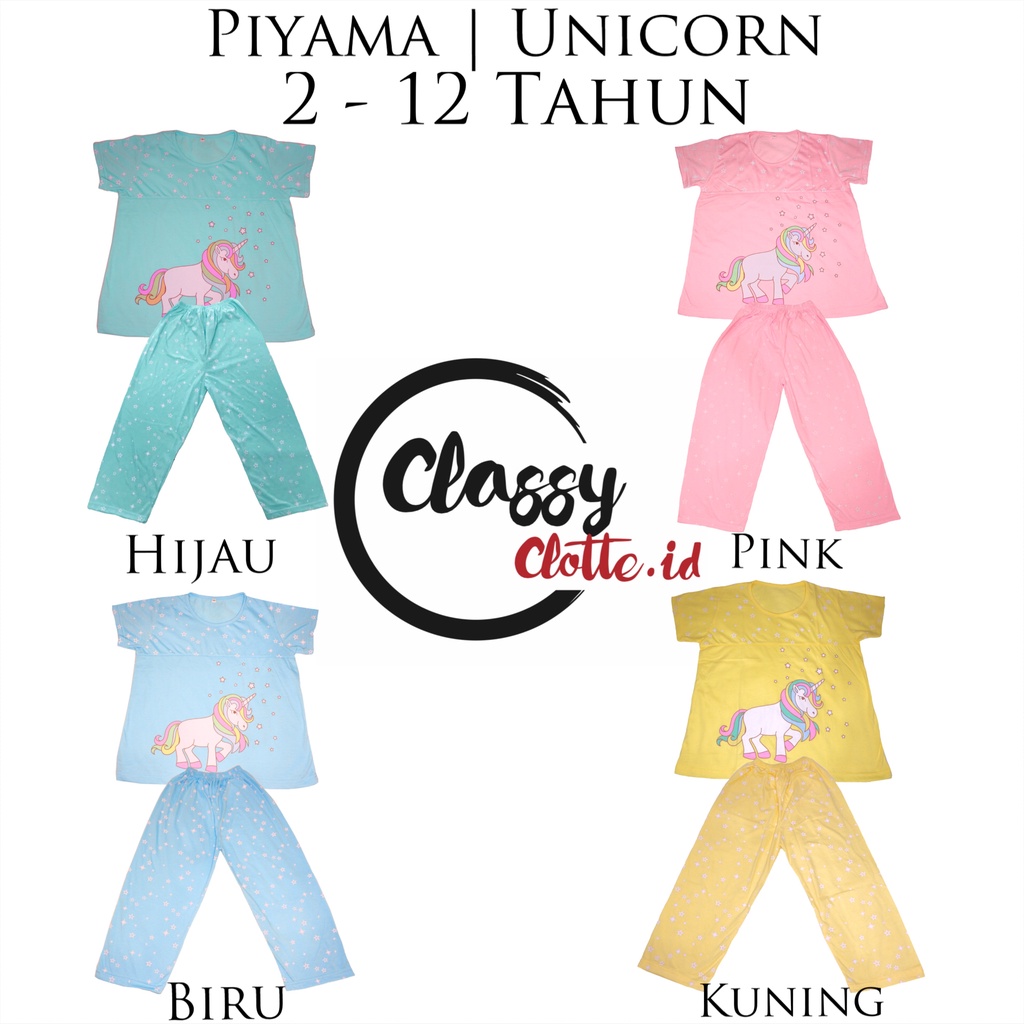 Baju Tidur Setelan Unicorn Anak Perempuan 2 - 12 Tahun | Celana Panjang dan Tangan Pendek