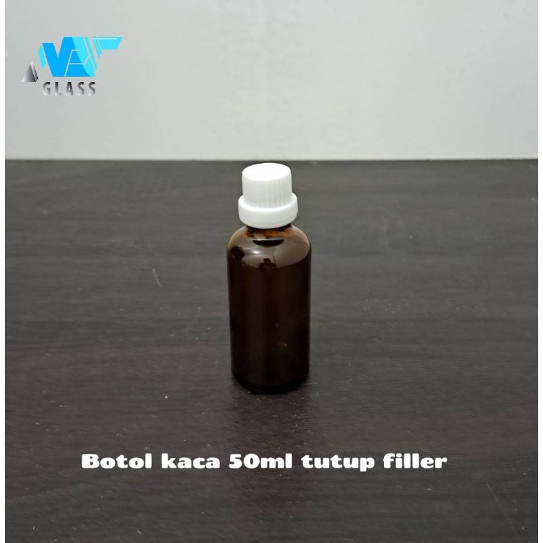 botol kaca 50ml amber tutup filler putih / tetes essential oil 50ml