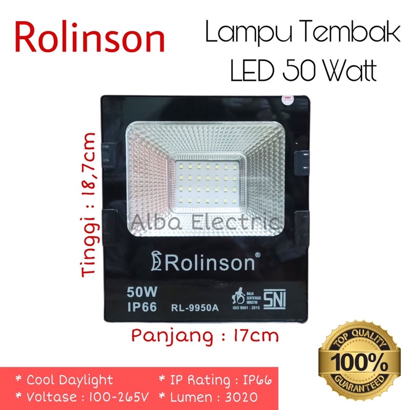 Lampu Sorot LED 50 Watt Putih ROLINSON IP 66 Lampu Tembak LED 50W lampu tembak Flood Light 50W