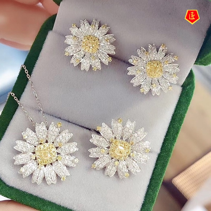 [Ready Stock]New Fashion Elegant Daisy Diamond Rings Ear Studs Necklace Set