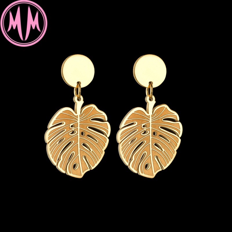 MORYMOSHI E143 Anting Wanita Titanium Stainless Daun Emas Anti Karat Anti Luntur Fashion Korea