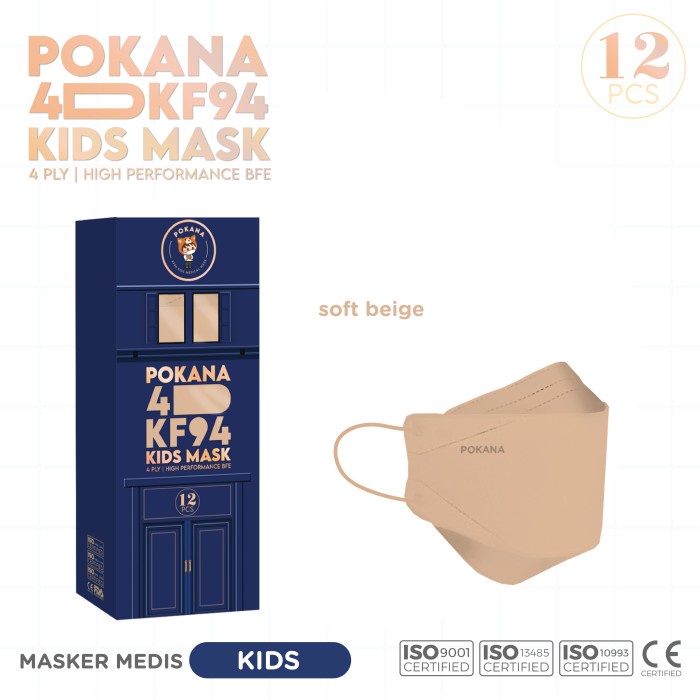 ✨COD✨ POKANA 4D KF94 KIDS Earloop Medical Face Mask - Box isi 12 pcs Color - Soft Beige