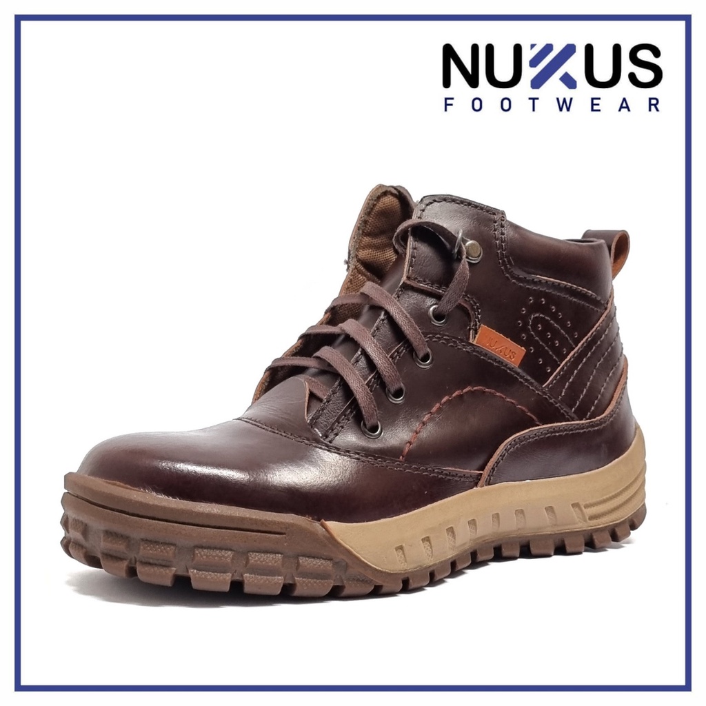 Nukus Sepatu Pria Boots Tali Kulit Sapi Asli Coklat Tua - DR TL