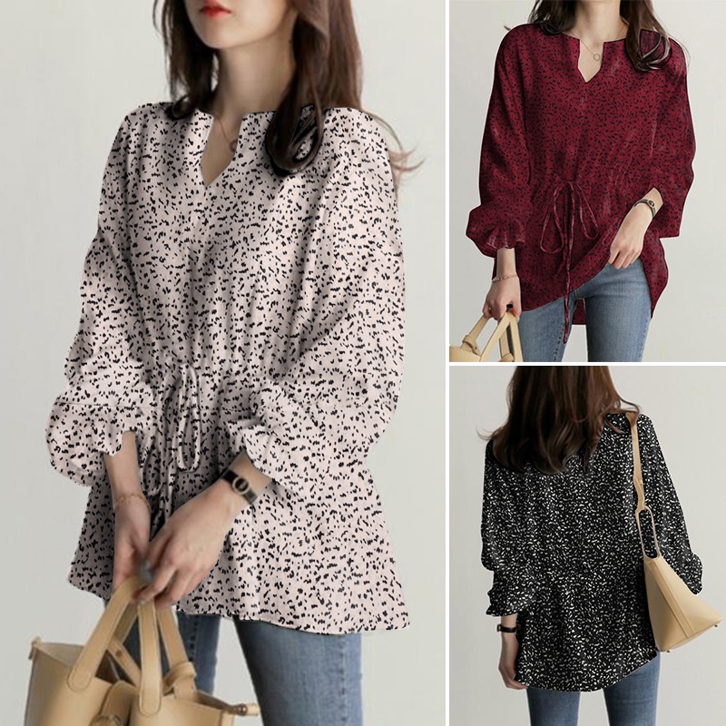 ZANZEA Fashion Women Shirt V Neck Drawstring Waist Printed Full Sleeve Casual Loose Blouse