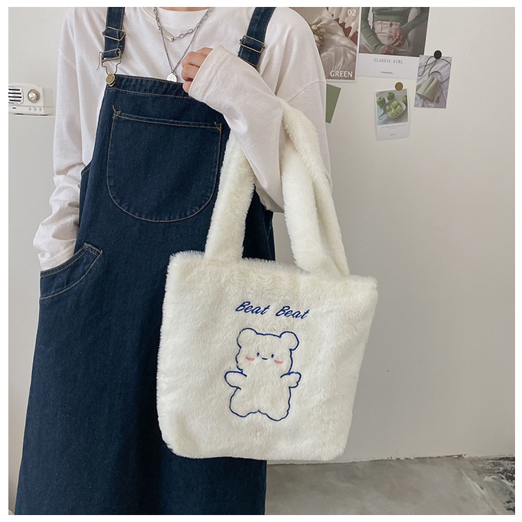 Drozenb Tas Tote Wanita Bahan Bulu Model Korea/Totebag Fashion Korea Bahan Bulu Motif Beruang/Tas Bulu Korea Motif Beruang/Tas Tote Korea/Totebag Casual Wanita