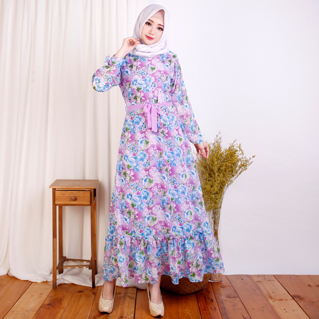 FW Long Dress gamis Lengan Panjang Sifon Muslimah Model terbaru -  Hamidah -  Dress Gamis Wanita