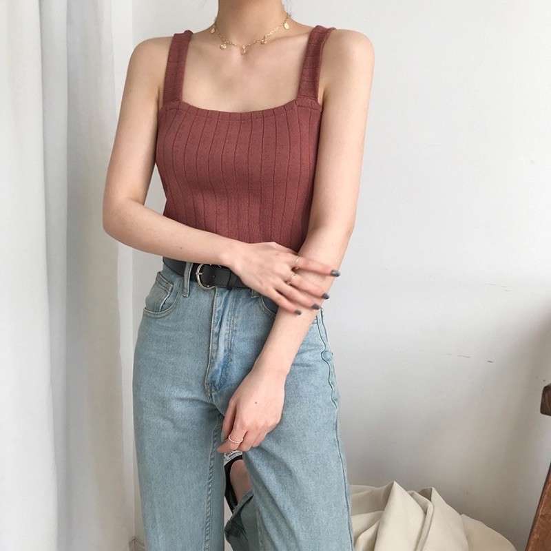 T973 • Korean knit Tanktop Import • Atasan Rajut Tali lebar • Fashion Wanita-CoklatBata