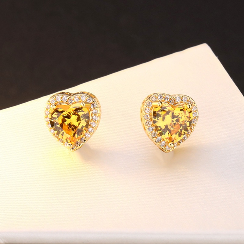 Fancyqube Anting Stud 925 Silver Bentuk Hati Aksen Batu Permata Zirkon Citrine Untuk Wanita