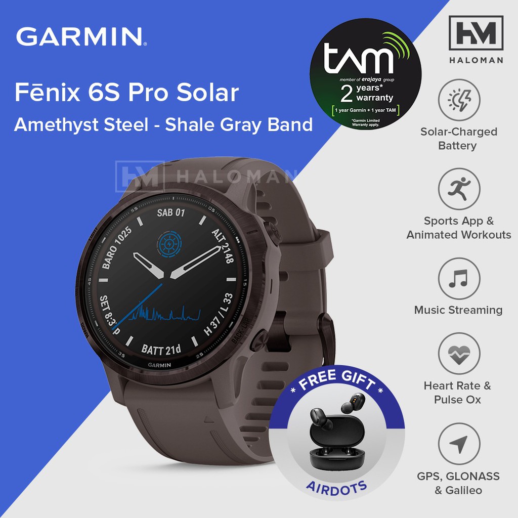 Garmin Fenix 6S Pro Solar Amethyst / Purple with Shale Band - TAM