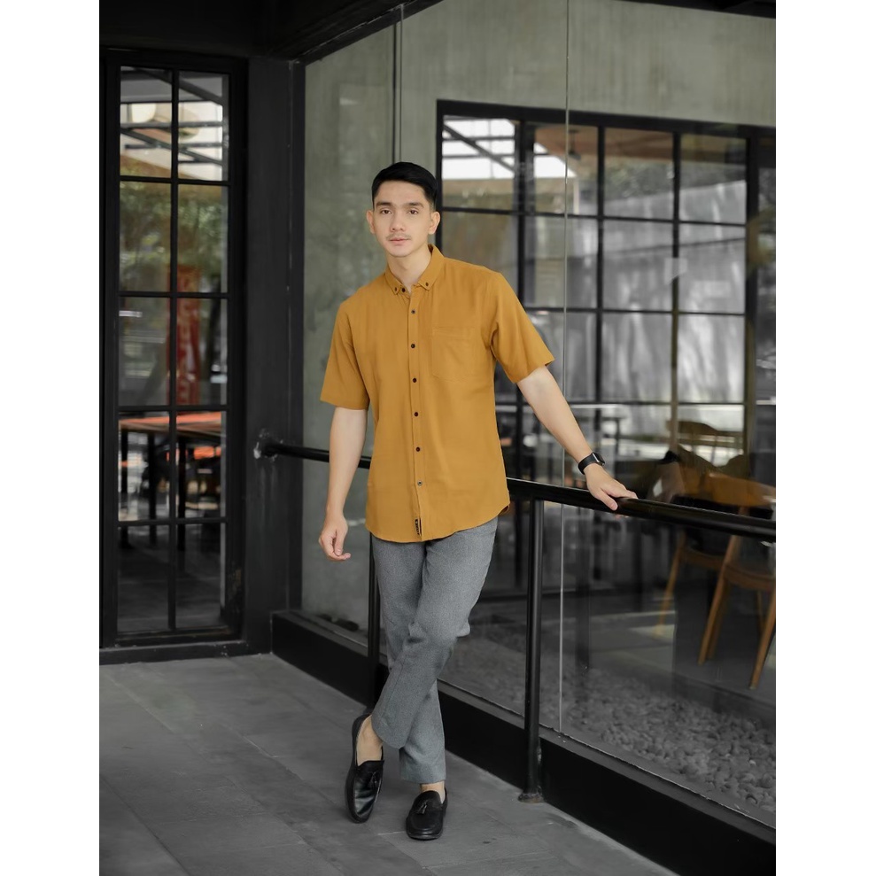 NESS kemeja katun linen lengan pendek kemeja pria lengan pendek kemeja katun kemeja pendek pria kemeja pendek kerja atasan pria bahan katun kemeja linen pria 05 MUSTARD