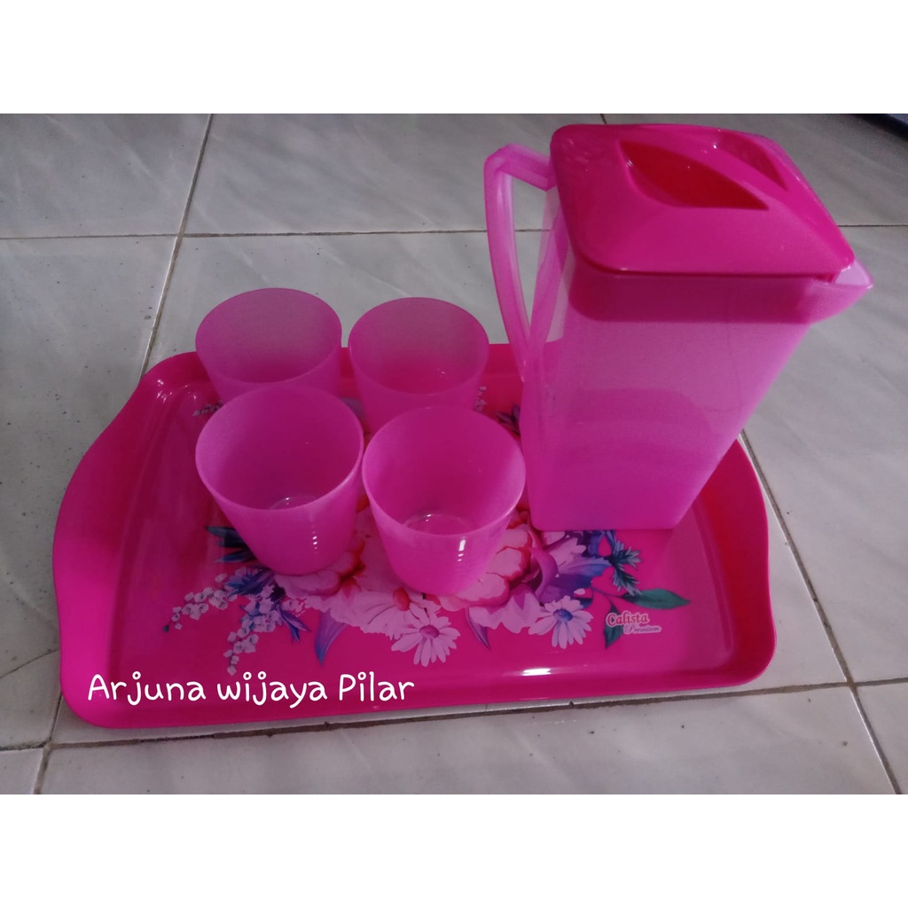 Nampan Teko Gelas Plastik set - Topan Set 4 gelas,1 teko Calista Premium, 1 nampan gratis my bottle+ Bubblewrap