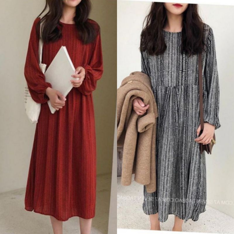 dress tunik  korean style import long dres stripe impor midi dress korea stripe garis bangkok import