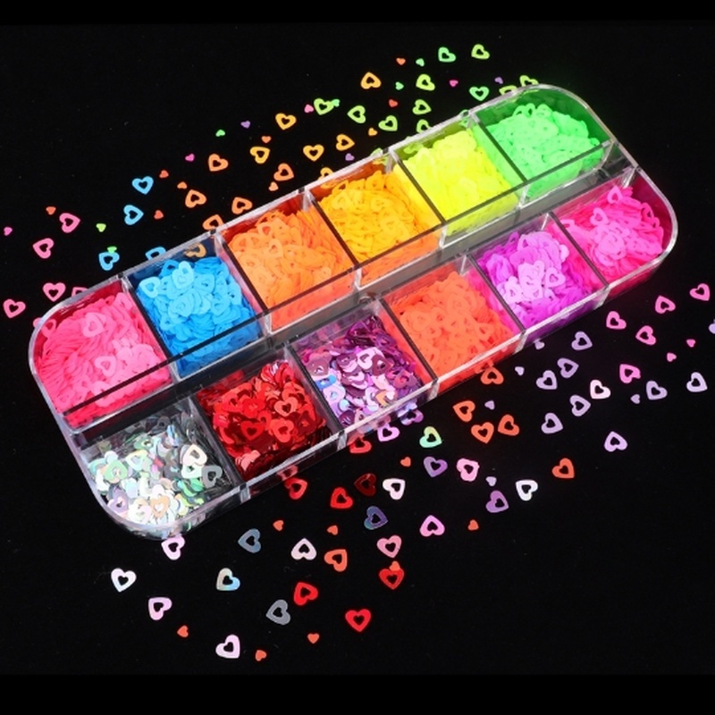 12 Grids Fluorescence Hollow Heart Neon Star Shapes Nail Art Glitter Flakes 3D Colourful Sequins Polish Manicure Nail Decoration