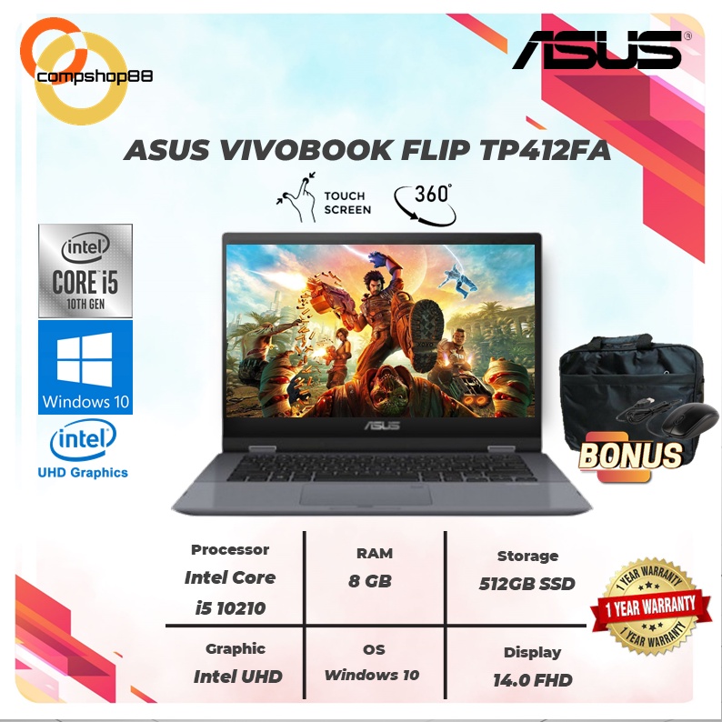 laptop asus vivobook flip tp412fa 2in1 touch i3 8145   i3 10110 8gb 512ssd w10 14 0fhd