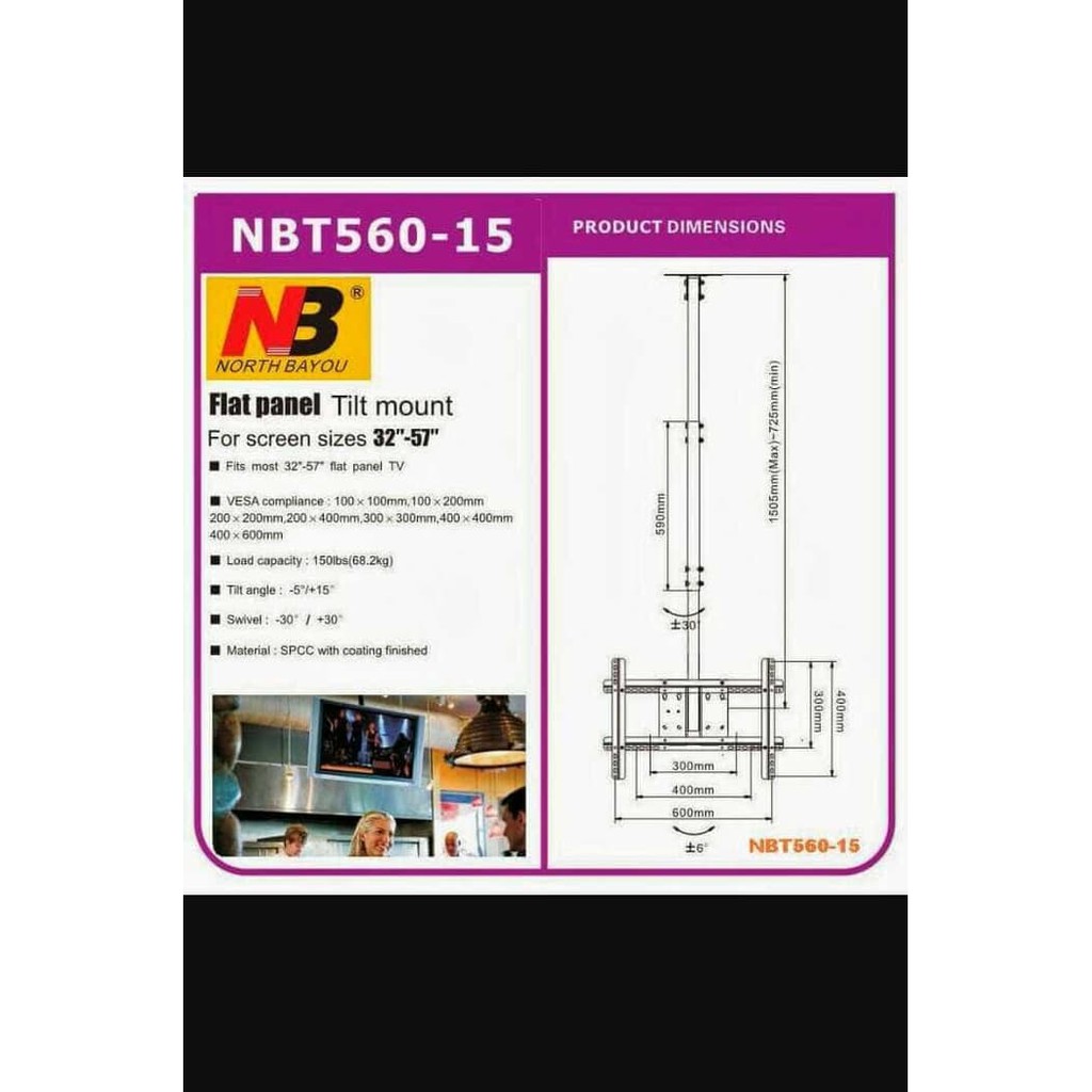 North Bayou Bracket Ceiling TV NBT560-15 Size 32&quot; - 57&quot; Bisa Gojek