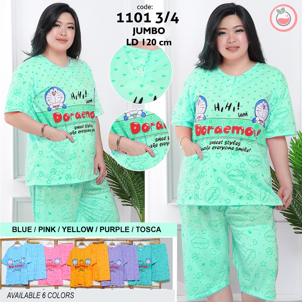 Lilipop.id  Baju Tidur Wanita Doraemon 3/4 Jumbo Celana Pendek XXXL Baby Doll Bahan Kaos