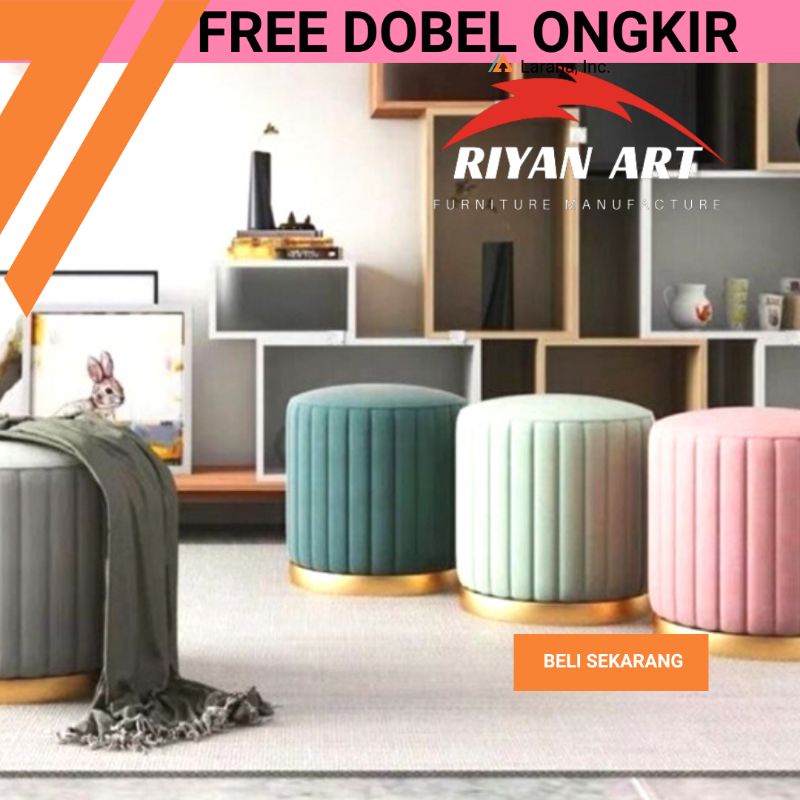 Kursi Stool Sofa Bulat Bludru Garis Garis Murah Terbaru Warna Krem Biru Ping Kuning Hitam Abu Abu