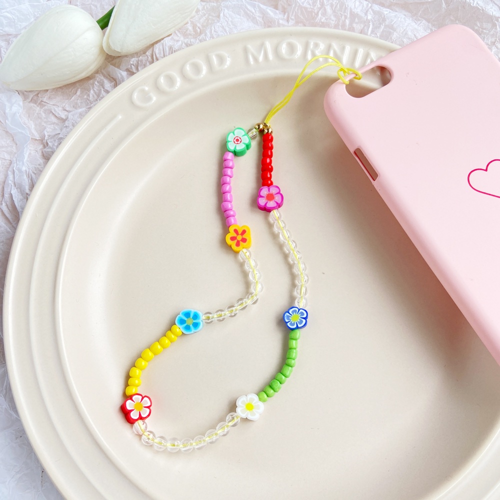 Korean Colorful Bead Mobile Phone Chain Cute Flower Letter Mobile Accessories