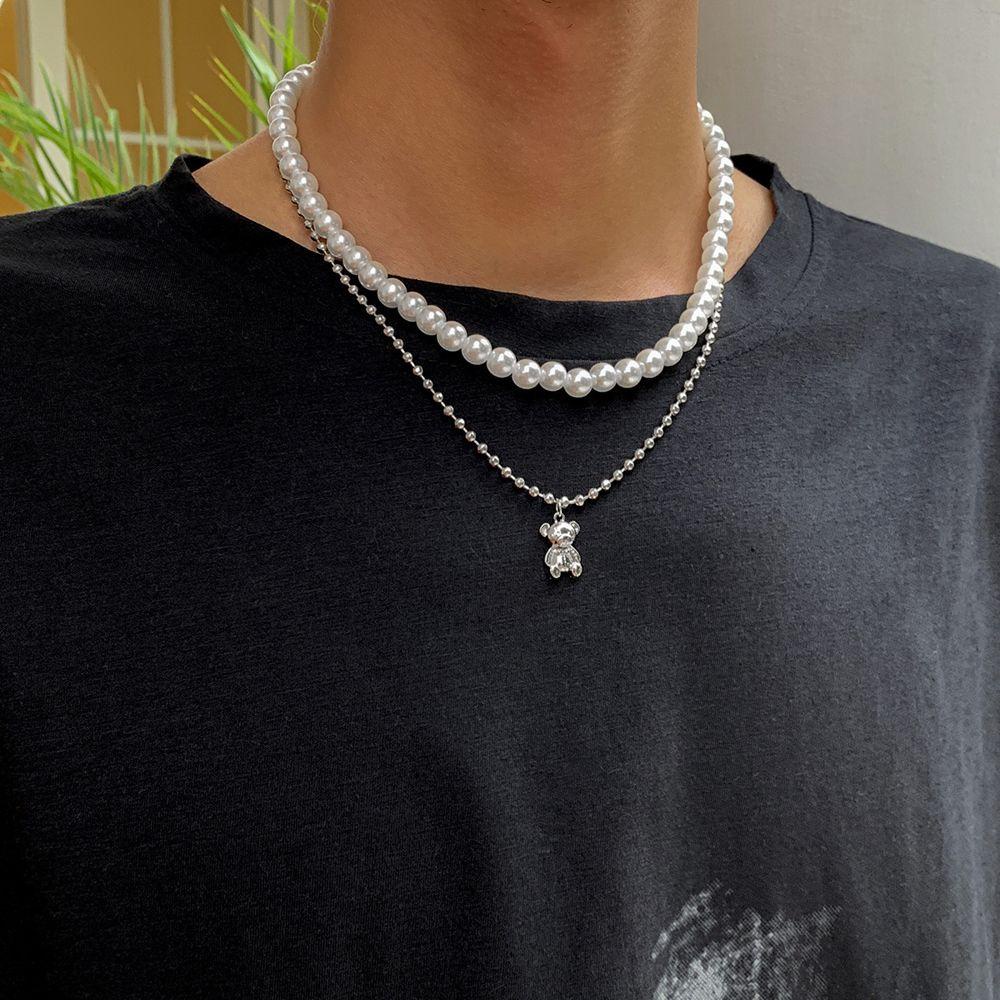 Mxbeauty Kalung Beruang Mutiara Kreatif Minoritas Keren Wanita Pearl Chain Jahitan Rantai Unisex Perhiasan Boho Gaya Korea Necklace