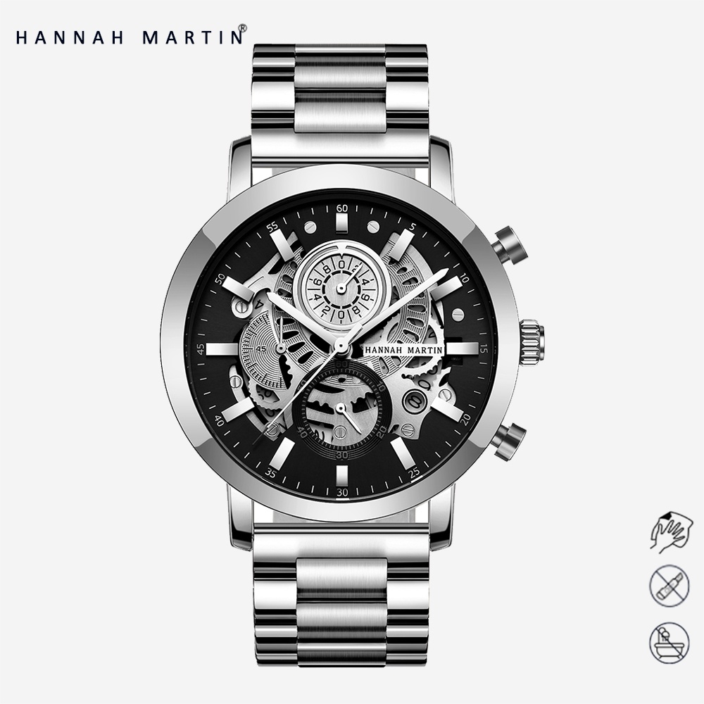 HANNAH MARTIN Jam Tangan Pria 100% Original Fashion Tahan air COWOK Kronograf Tanggal Quartz Analog 