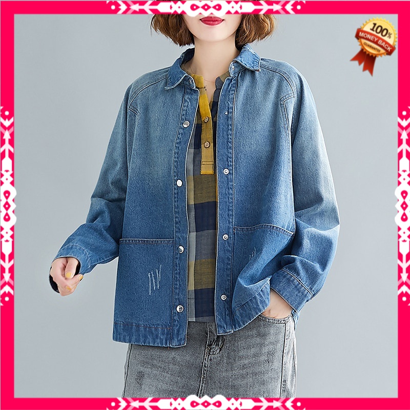 Jaket Denim Wanita Korea  Spring Autumn Plus Size Denim Jacket Women Oversize Vintage Long Sleeve Je