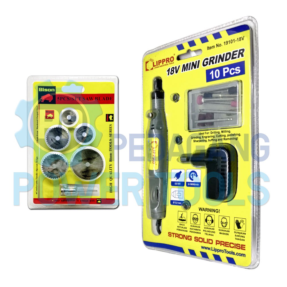 LIPPRO MINI GRINDER SET 10 PCS BATERAI 18V & BISON SAW BLADE 5 PCS