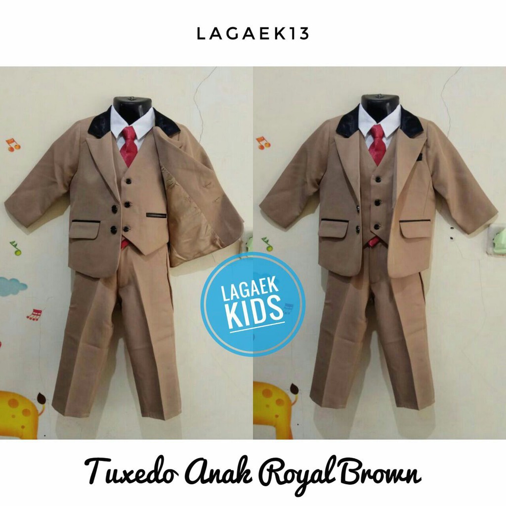 Setelan Jas Anak Laki Premium Usia 1 2 3 5 6 7 8 9 10 COKLAT - Jas Anak Cowok 8in1 Dasi Panjang Tuxedo Coklat Gold