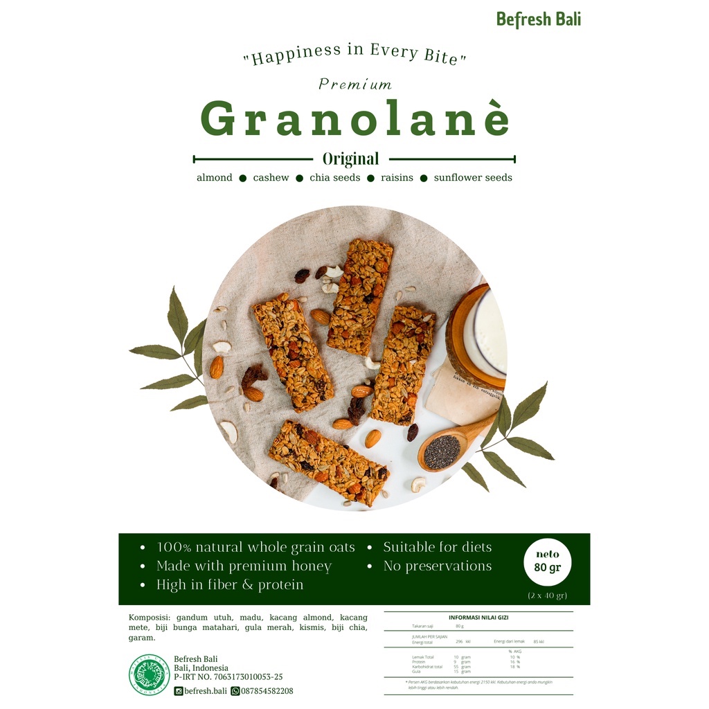 

Granolane Original Premium / Makanan Ringan Sehat / Snack Diet / Granola Bar / Oleh Oleh Bali (2x40gr)