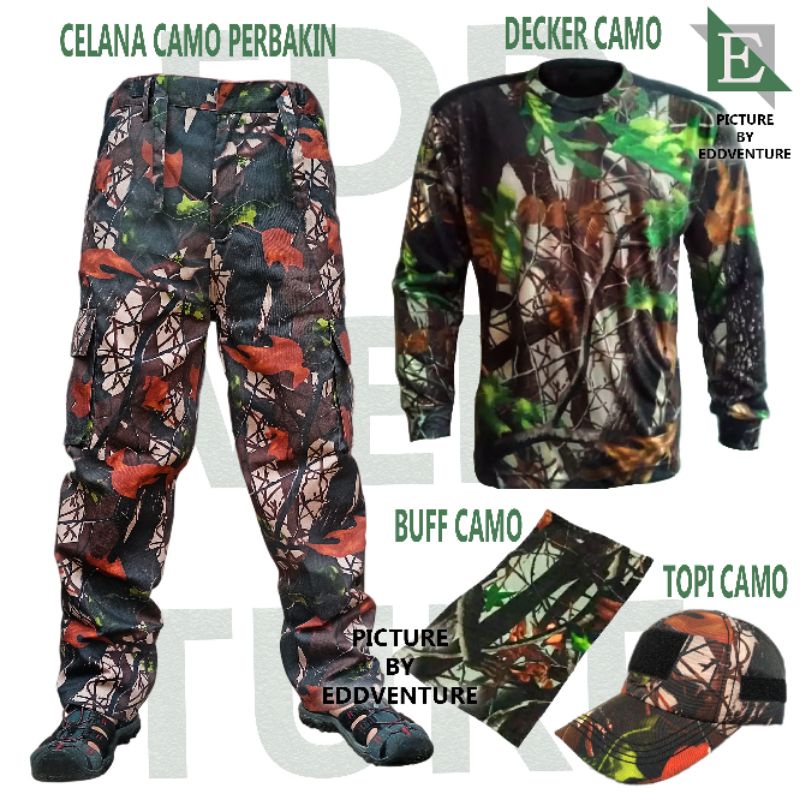 Satu set setelan pakaian seragam baju kaos decker deker topi celana buff loreng camo Perbakin hunting berburu hutan pria wanita cewek cowok