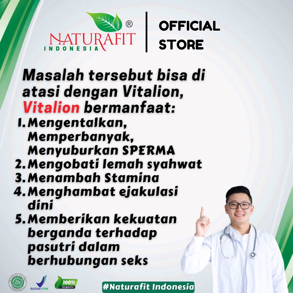 Vitalion Original Obat Herbal Stamina Pria, Meningkatkan Kualitas Sperma, Ejakulasi Dini, Lemah Syahwat, Promil, Menyuburkan Sperma Pria, Mempercepat Program Hamil, isi 60 kapsul Naturafit BPOM-2