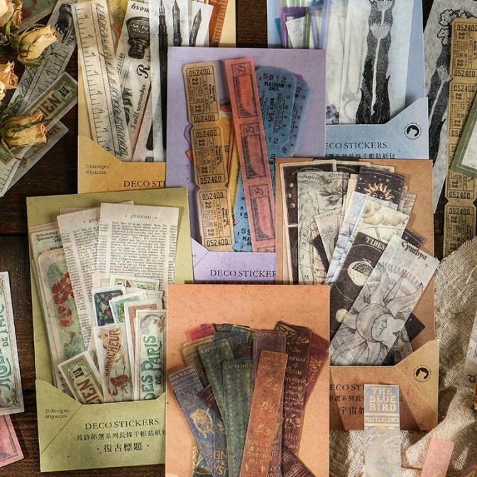 

40pcs Pak Stiker Panjang Gaya Retro Untuk Alat Tulis Sekolah Scrapbook