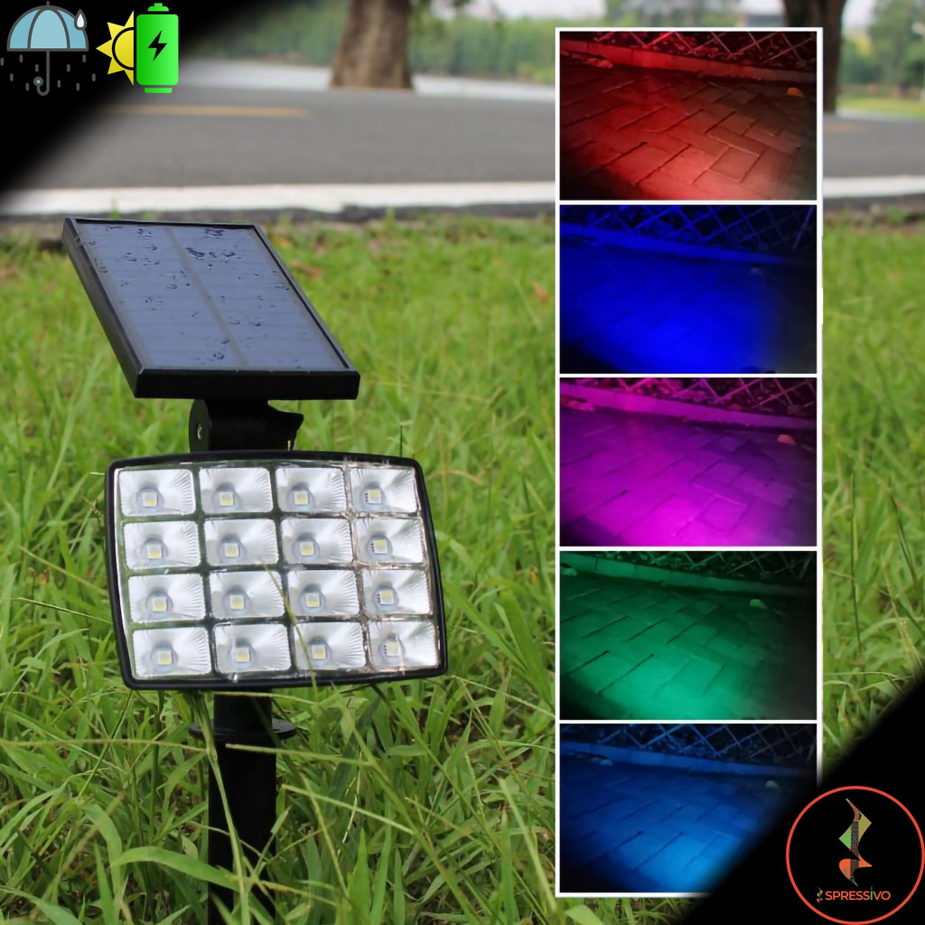 Lampu Sorot Tenaga Surya RGB 16 LED Tancap Tanah Wall Mount 5 Watt