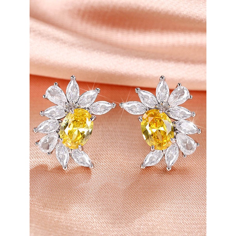 Anting Stud Cubic Zirconia Bling Warna Putih Kuning Untuk Wanita