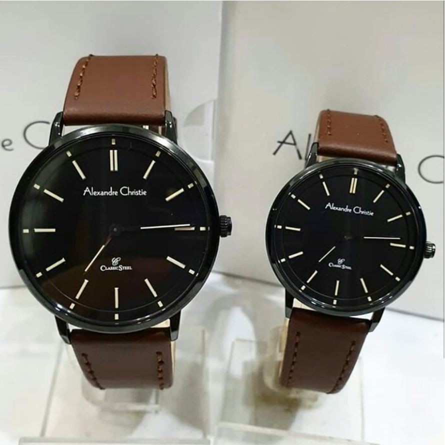 Jam Tangan Couple Pasangan Pria Wanita Merek Alexandre Crhistie AC 8492 Black Brown Kulit