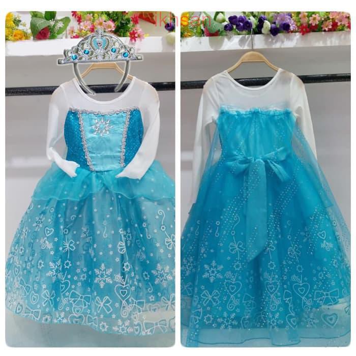 Baju Anak Dress Kostum Frozen Elsa Rok Motif (10) + Bando Mahkota Elsa
