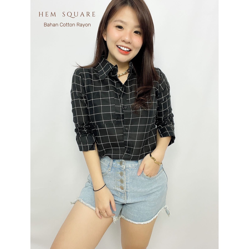 HOPYLOVY - Kemeja Wanita Basic Hem Square