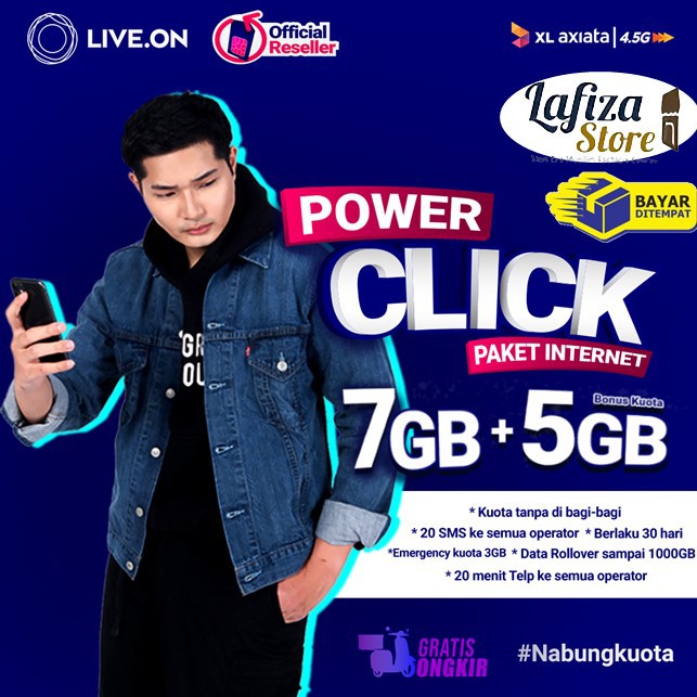 Kartu Perdana Internet LIVE ON Power Click 7GB + Bonus 5GB + Bonus Nelpon + Bonus SMS + Kuota Darurat 3GB +  Kuota Tanpa dibagi bagi - By XL Axiata 4.5G