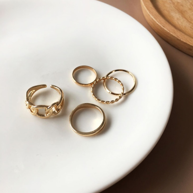 5pcs Cincin Rantai Model Lebar Desain hollow out Gaya Jepang Dan Korea Selatan Untuk Wanita